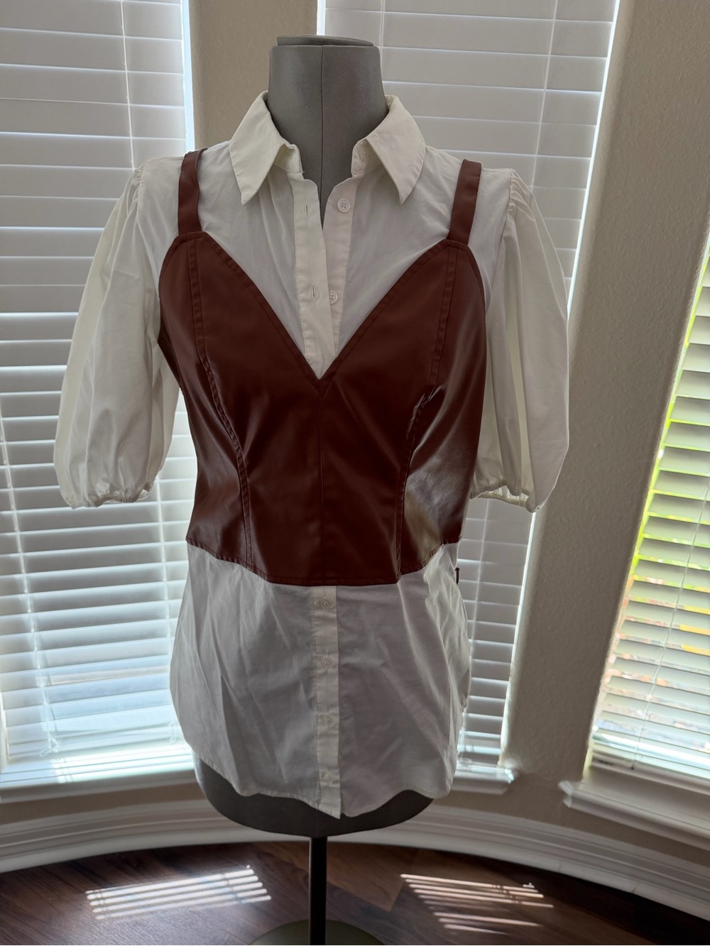New York & Company White Button-Down Shirt with Brown Faux Leather Bustier